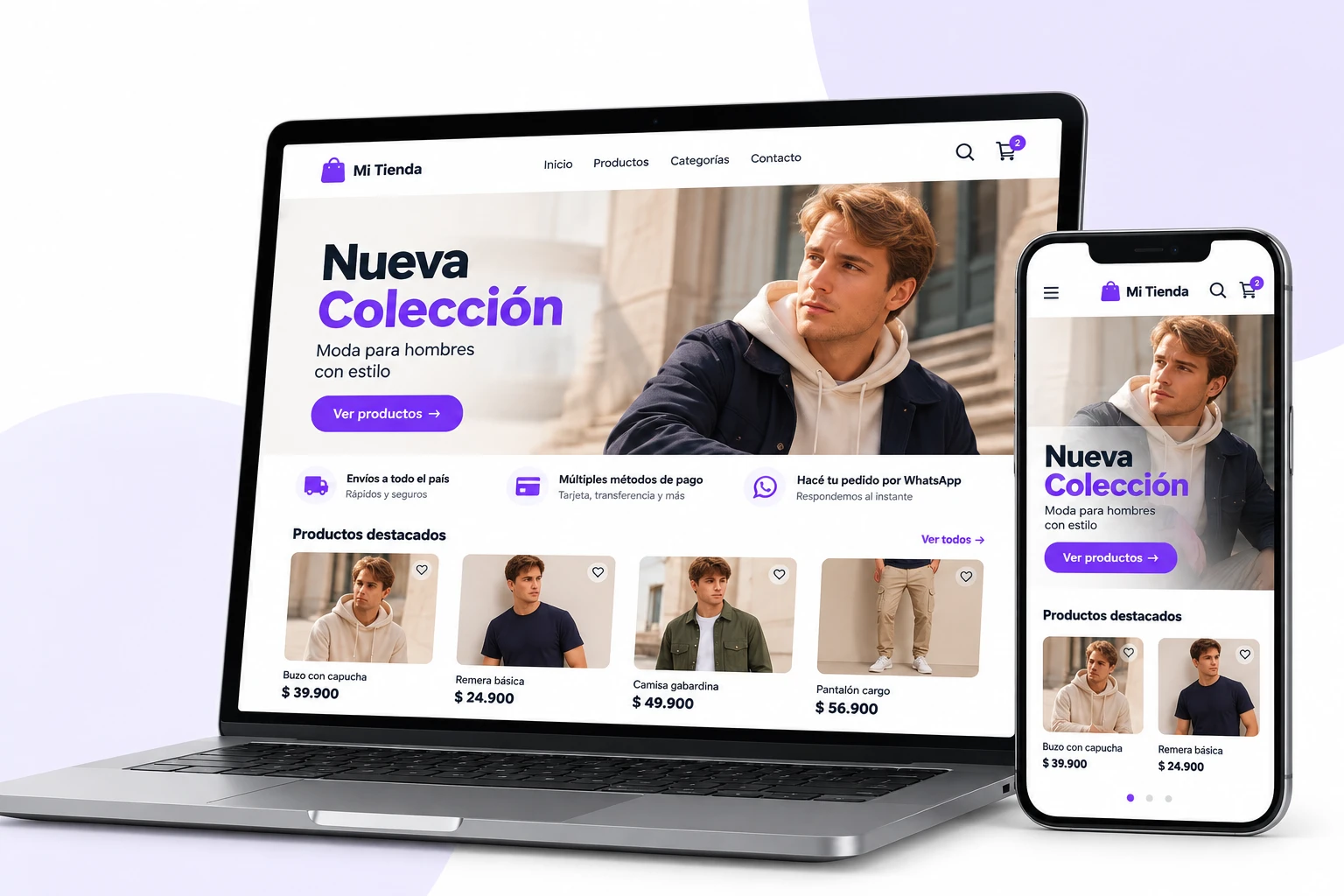 Una tienda online de ejemplo vista en notebook y en celular